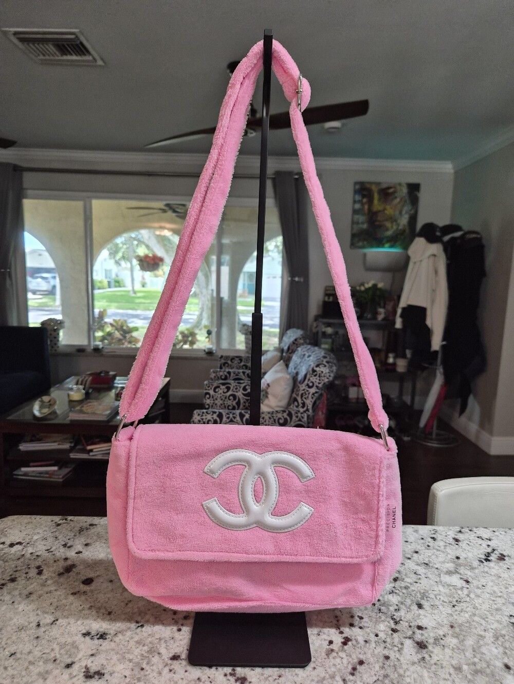 CHANEL Precision Pink Terry Cloth Shoulder Bag with White CC Logo